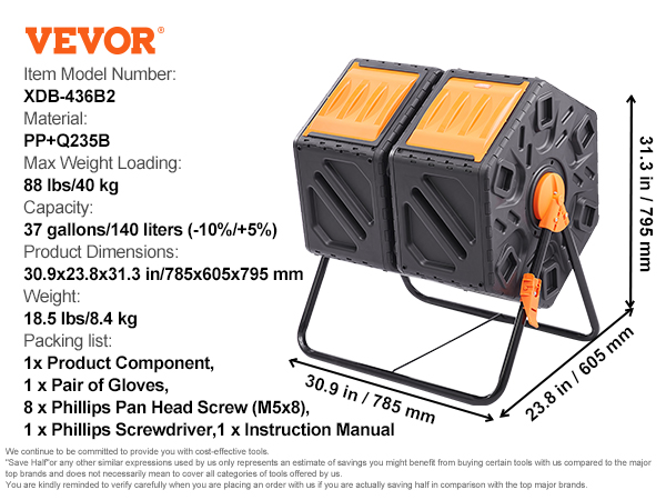 VEVOR compost bin dual-chamber with 37-gallon capacity, pp+q235b material, and 88 lbs max weight loading.