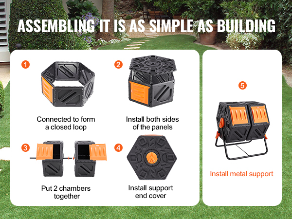 assembly steps of VEVOR compost bin with images and text instructions against a garden background.
