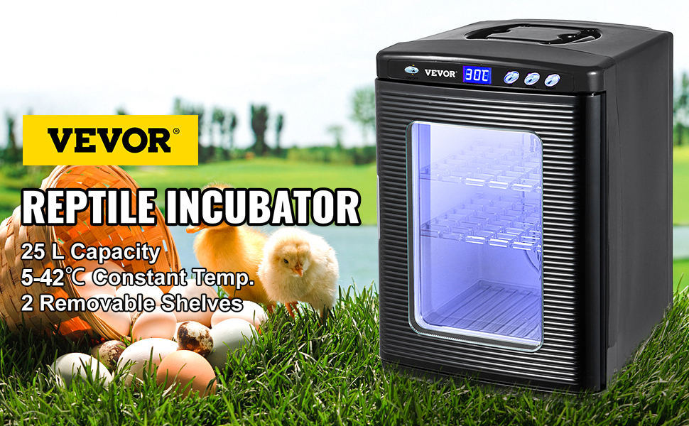 VEVOR reptile incubator with 25l capacity, 5-42°c temp, and 2 removable shelves.