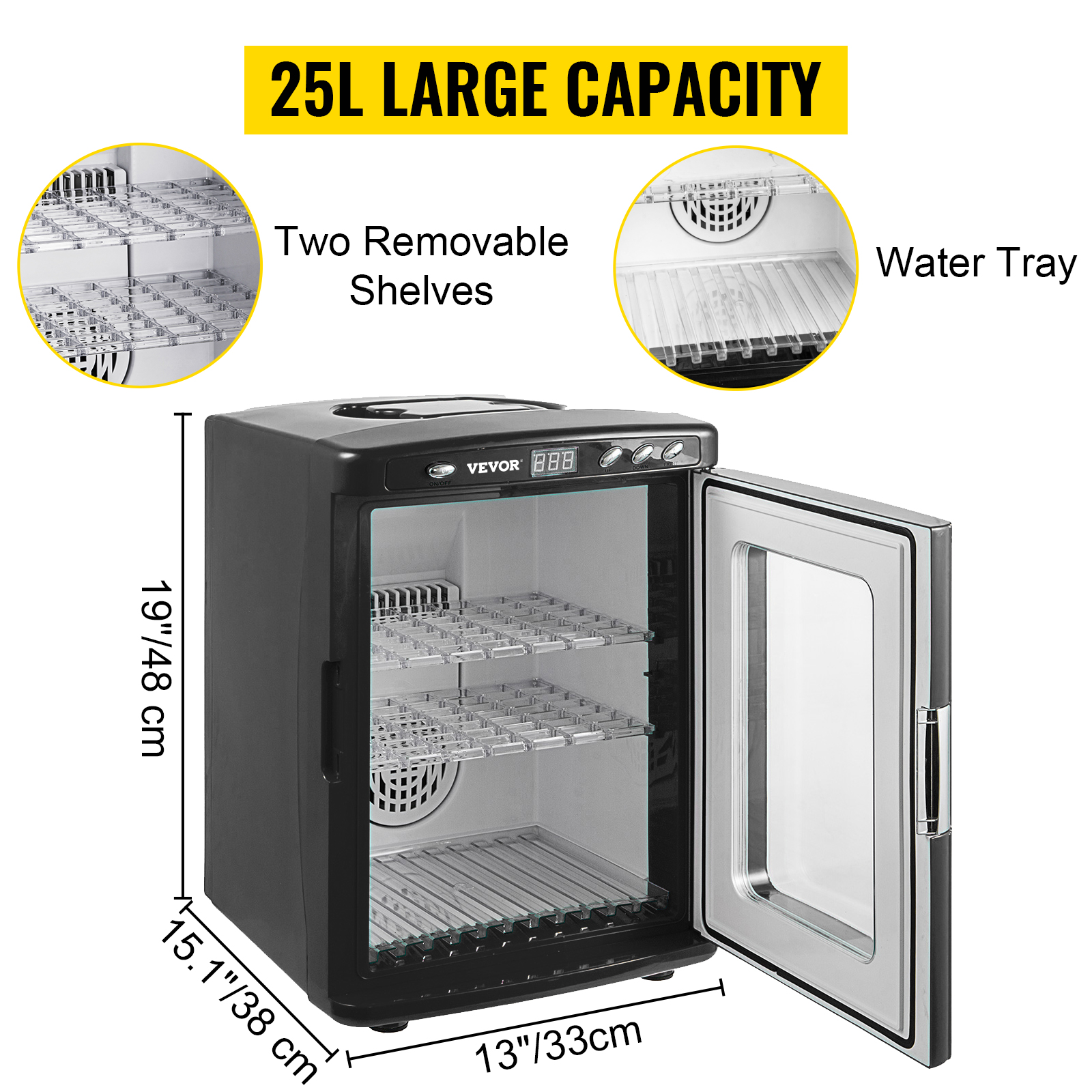 VEVOR reptile incubator with two removable shelves, water tray, 25l large capacity.