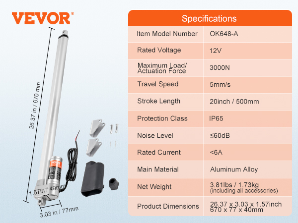 VEVOR linear actuator specifications, dimensions, accessories, and key features like 3000n load force.