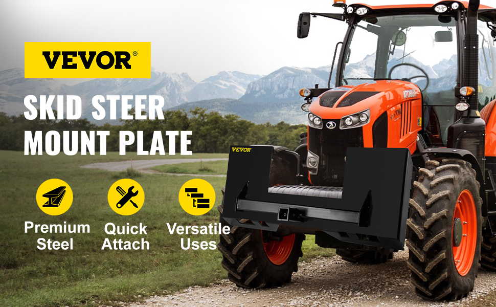 orange tractor with VEVOR skid steer mount plate, featuring premium steel and quick attach.