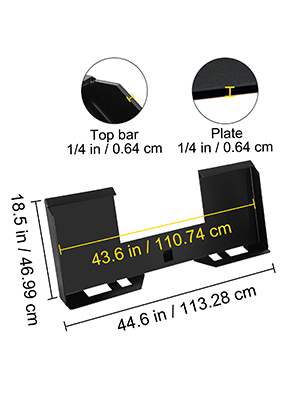 VEVOR skid steer mount plate dimensions: 44.6 in width, 18.5 in height, 1/4 in thickness.