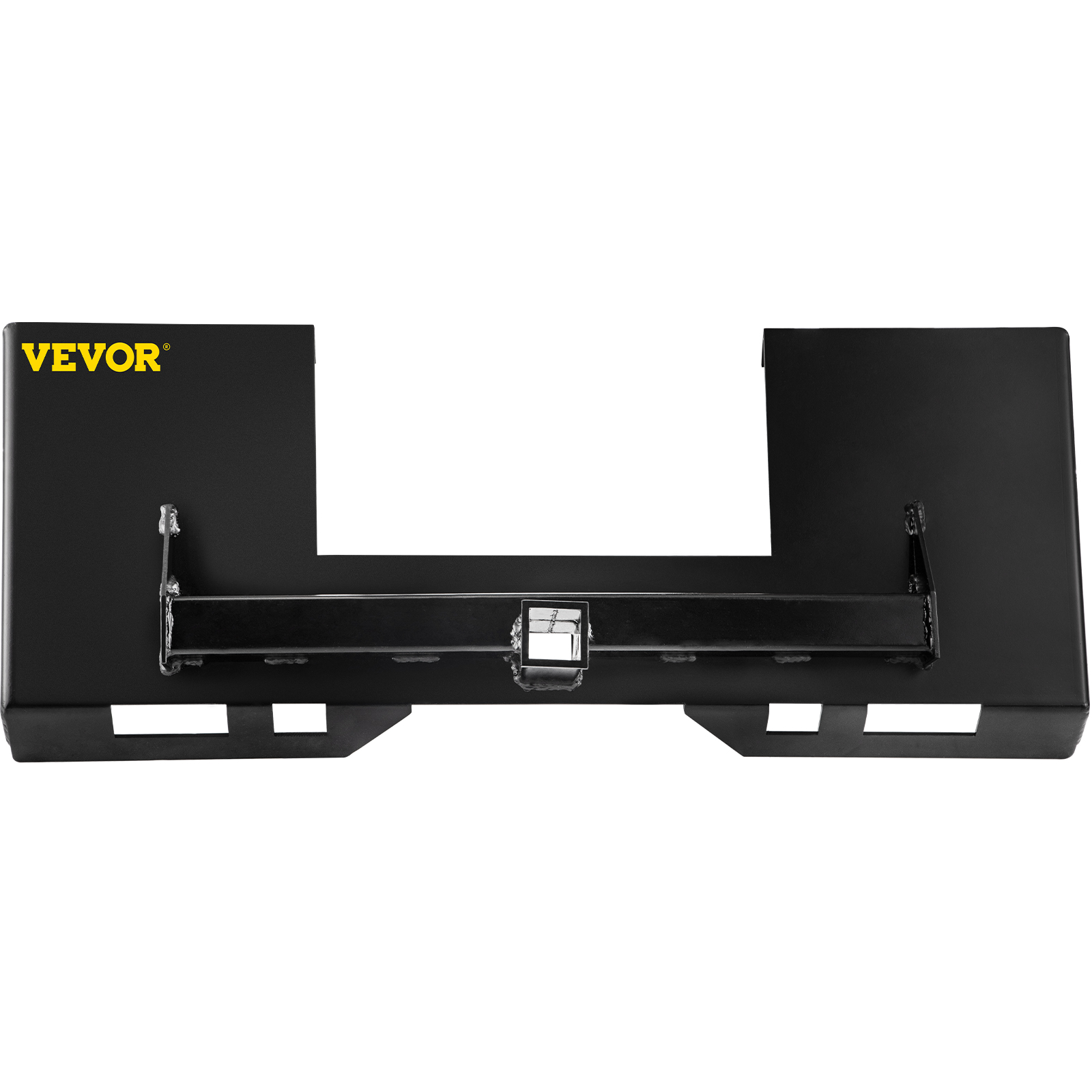 VEVOR skid steer mount plate, black, with rectangle cutouts and yellow logo.