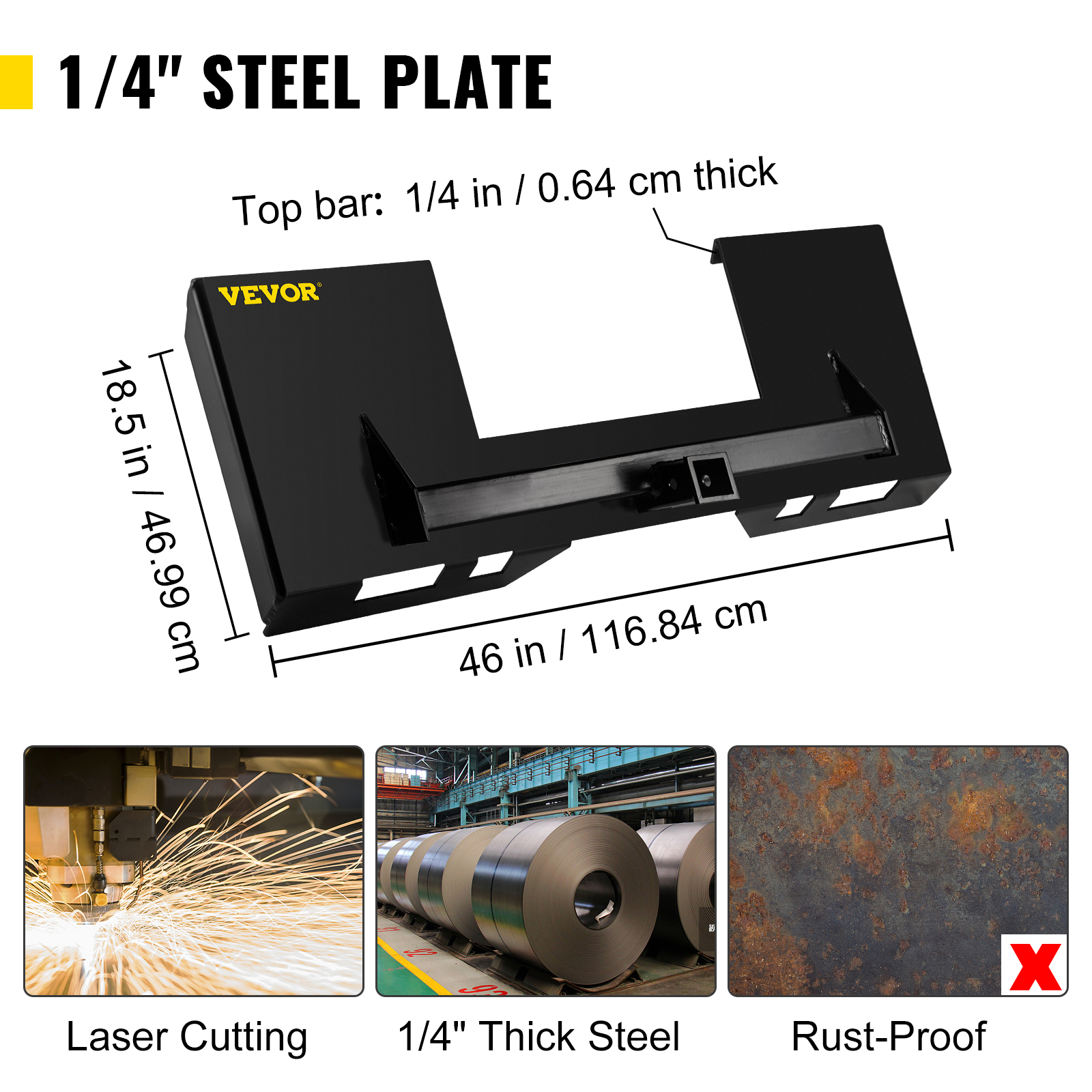 VEVOR skid steer mount plate, 1/4" thick steel, 18.5"x46", laser cut, rust-proof.