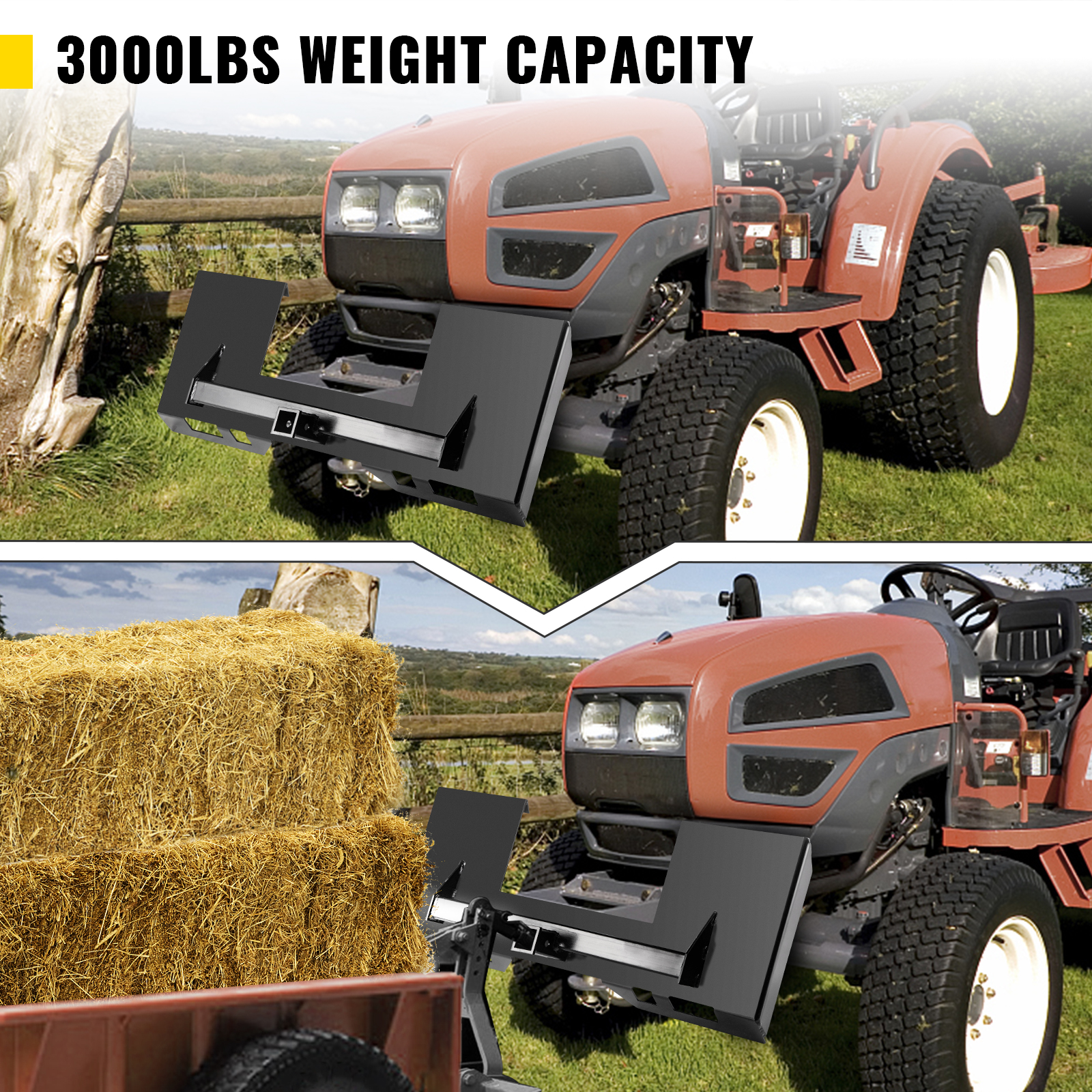 VEVOR skid steer mount plate on tractor lifting hay bales, 3000lbs weight capacity.