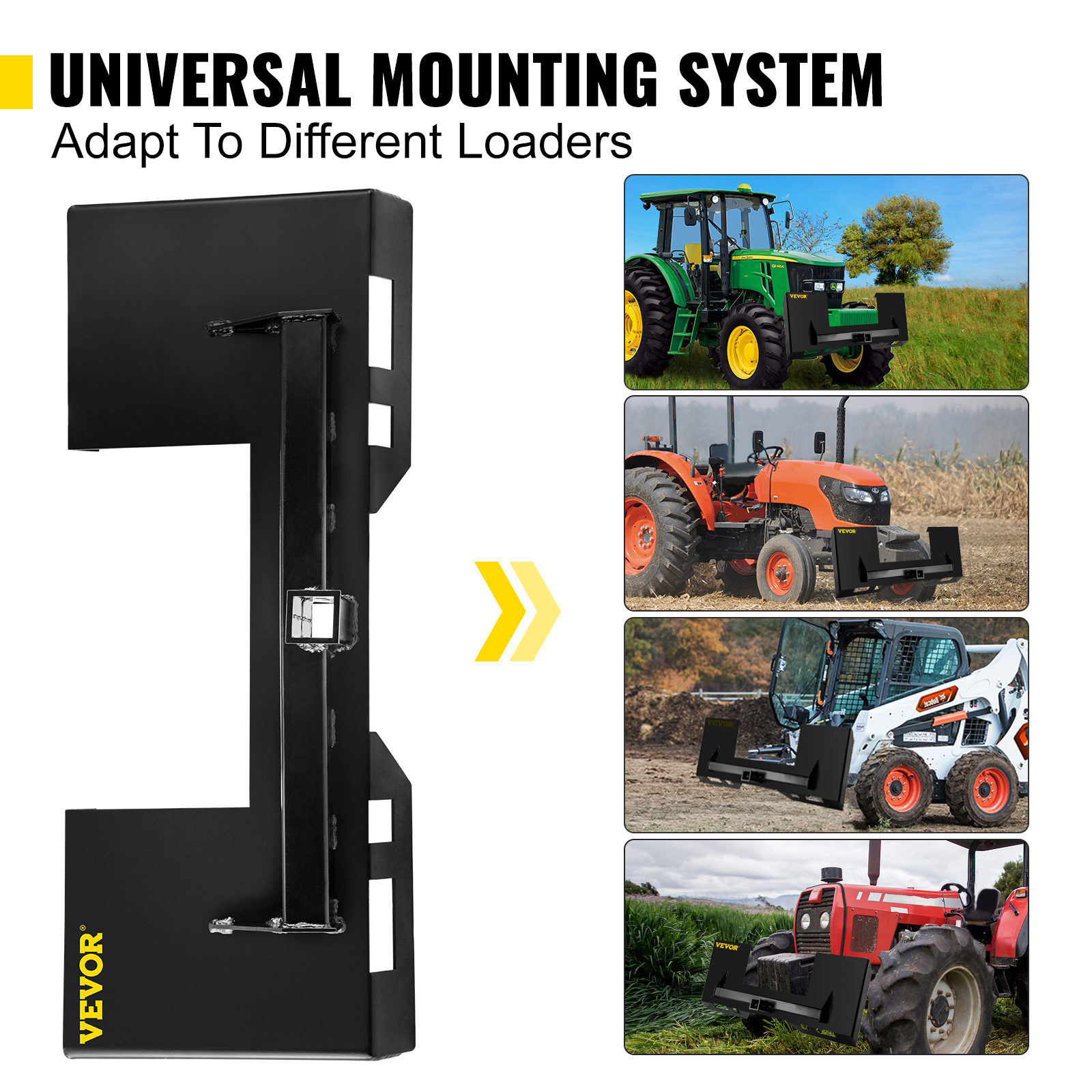 VEVOR skid steer mount plate adapting to different loaders, showcasing compatibility.