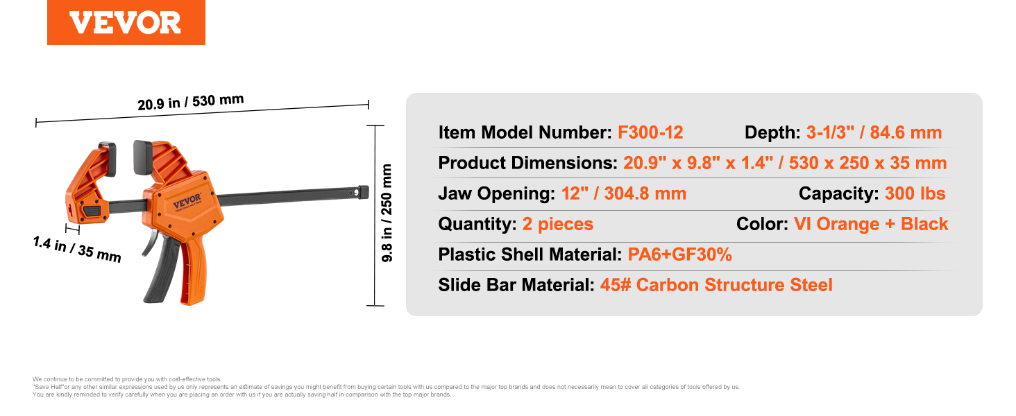 VEVOR bar clamps, 12" jaw opening, 300 lbs capacity, dimensions 20.9"x9.8"x1.4", orange and black.