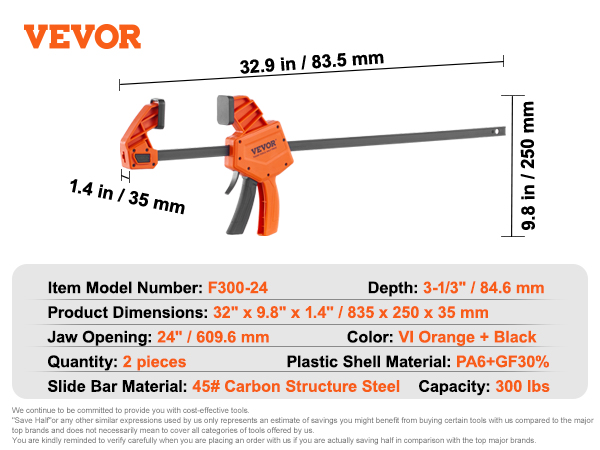 VEVOR woodworking clamps, model f300-24, 32.9 in length, orange and black, jaw opening 12 in.