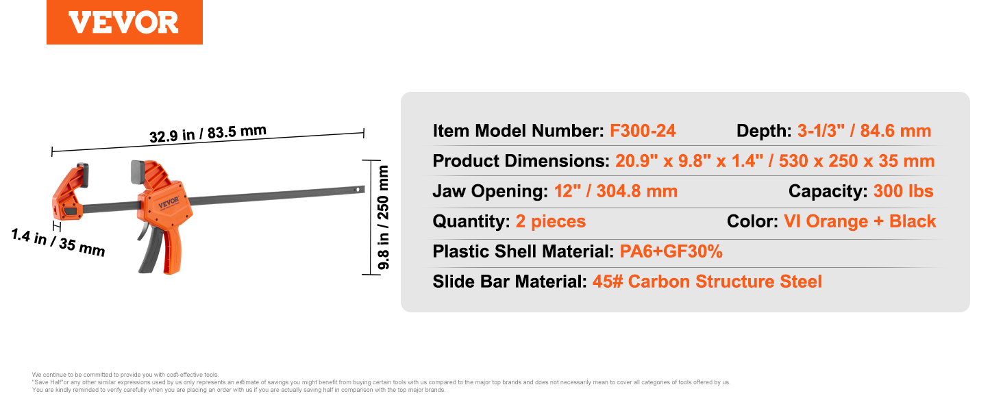 VEVOR woodworking clamps, model f300-24, 32.9 in length, orange and black, jaw opening 12 in.