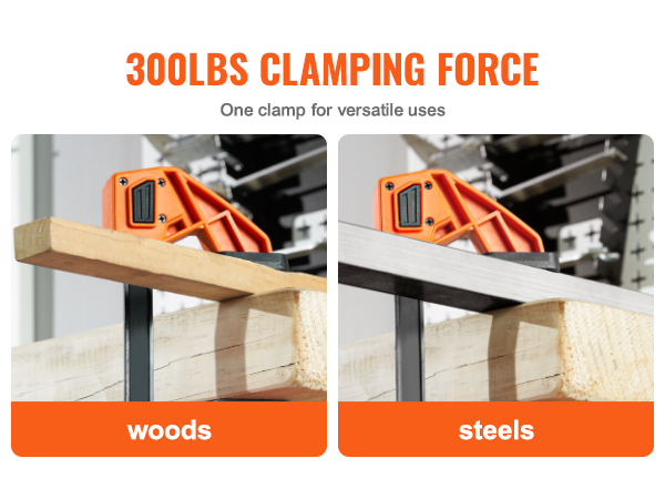 VEVOR woodworking clamps with tpu jaws providing 300lbs clamping force for securing wood and steel.