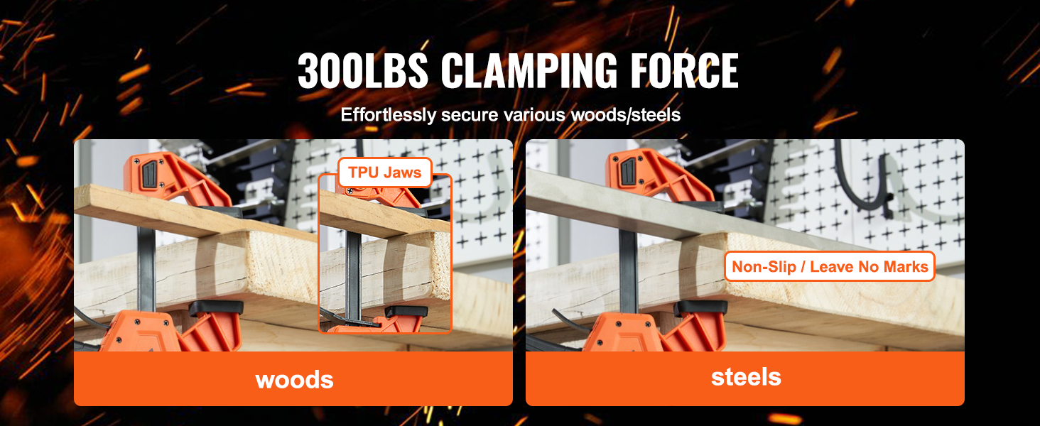 VEVOR woodworking clamps with tpu jaws providing 300lbs clamping force for securing wood and steel.