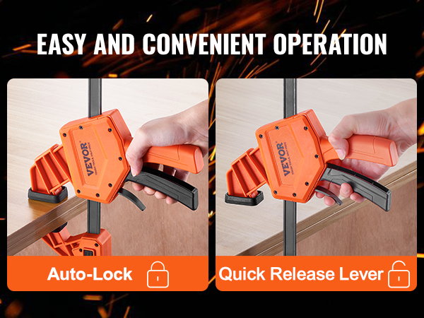 auto-lock and quick release lever on VEVOR woodworking clamps for easy and convenient operation.