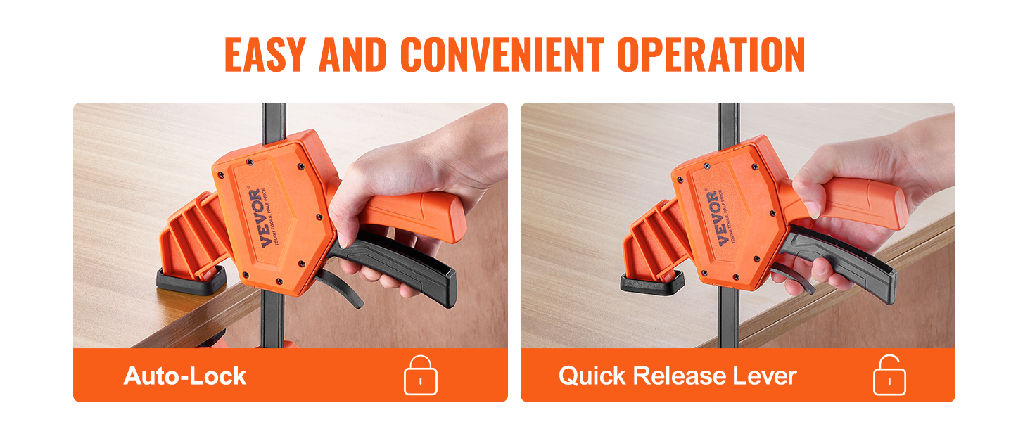 auto-lock and quick release lever on VEVOR woodworking clamps for easy and convenient operation.