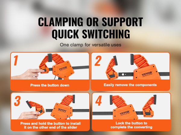 VEVOR woodworking clamps highlighted for clamping and support with quick switching features.