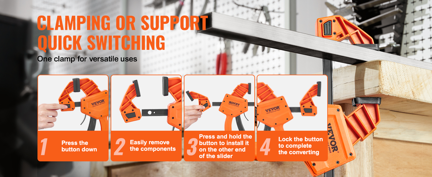 VEVOR woodworking clamps highlighted for clamping and support with quick switching features.