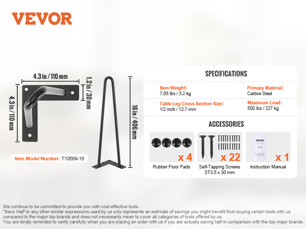 VEVOR hairpin table legs, 16in height, carbon steel, 500lbs load, includes screws, rubber pads, manual.