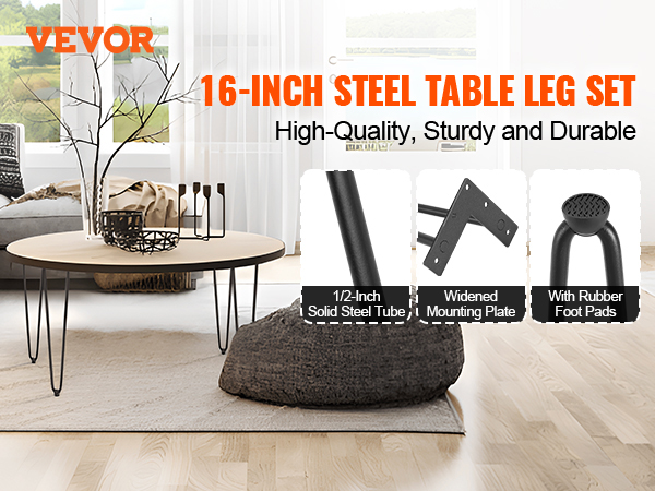 VEVOR hairpin table legs, 16-inch steel, high-quality, sturdy, durable, 1/2-inch solid steel tube.