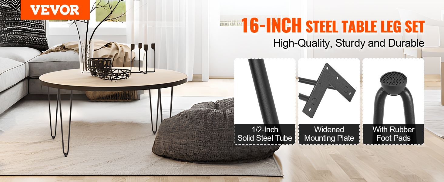 VEVOR hairpin table legs, 16-inch steel, high-quality, sturdy, durable, 1/2-inch solid steel tube.