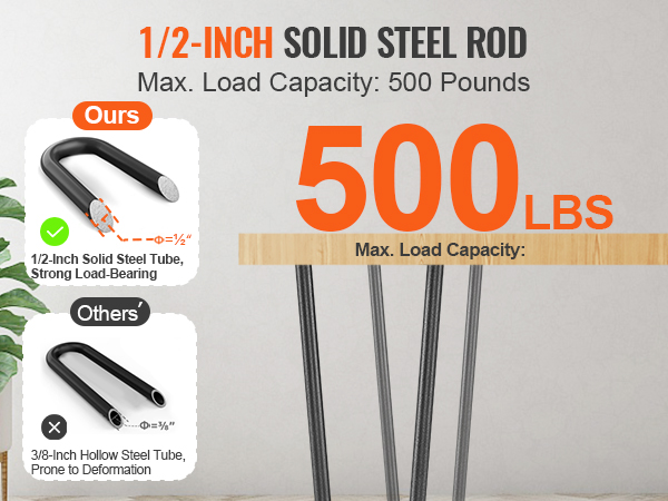 1/2-inch VEVOR hairpin table legs, solid steel rod, max load capacity 500 lbs comparison.