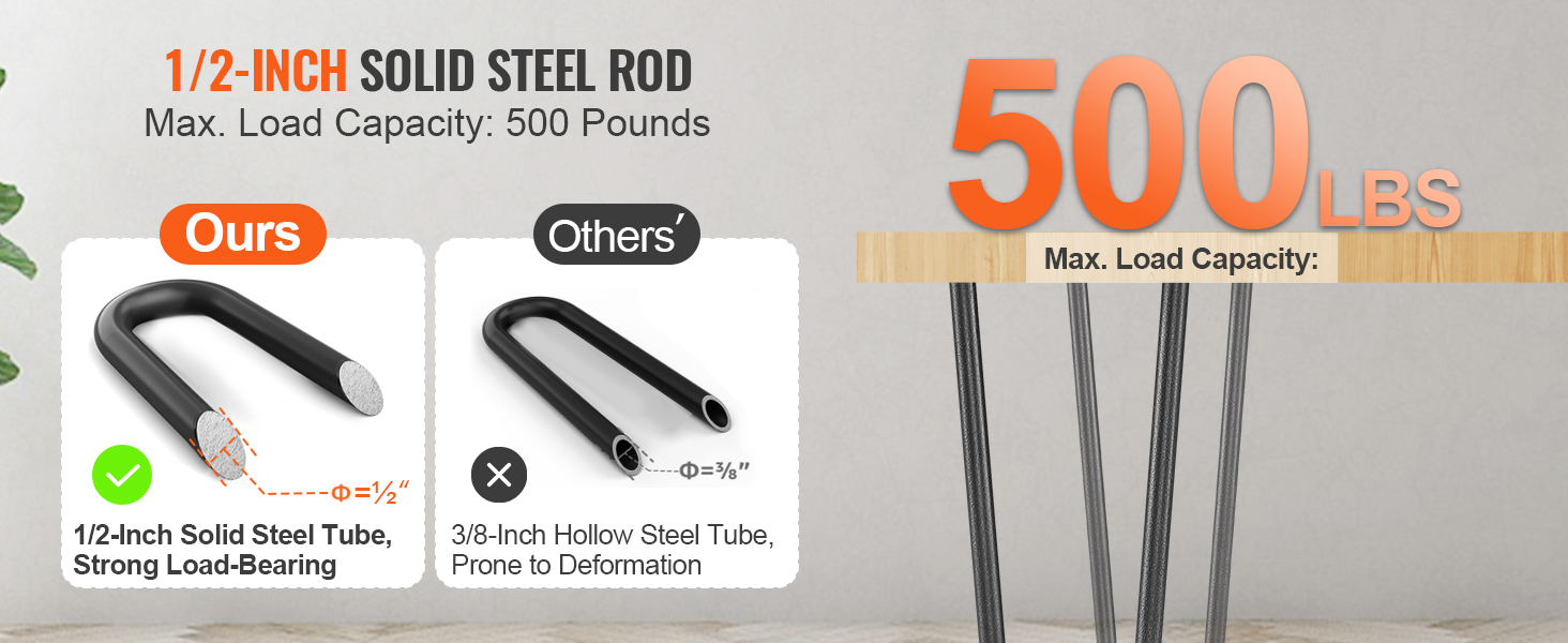 1/2-inch VEVOR hairpin table legs, solid steel rod, max load capacity 500 lbs comparison.