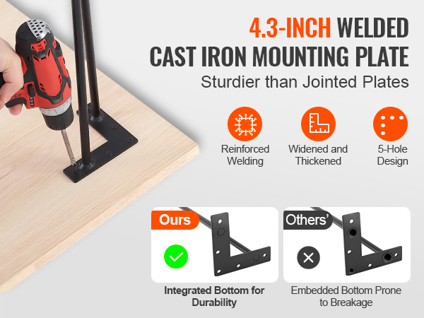 hand using a red drill to install VEVOR hairpin table legs with a 4.3-inch welded cast iron mounting plate.