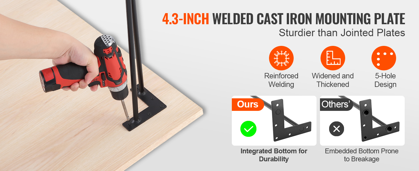 hand using a red drill to install VEVOR hairpin table legs with a 4.3-inch welded cast iron mounting plate.