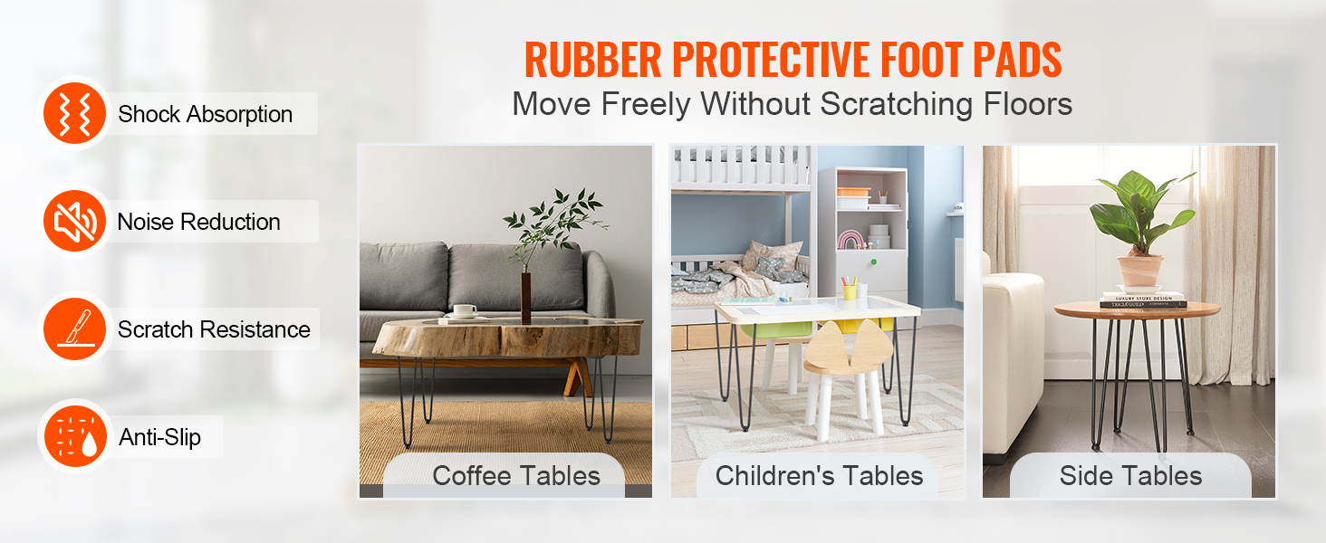 VEVOR hairpin table legs with rubber protective foot pads for coffee tables, children's tables, and side tables.