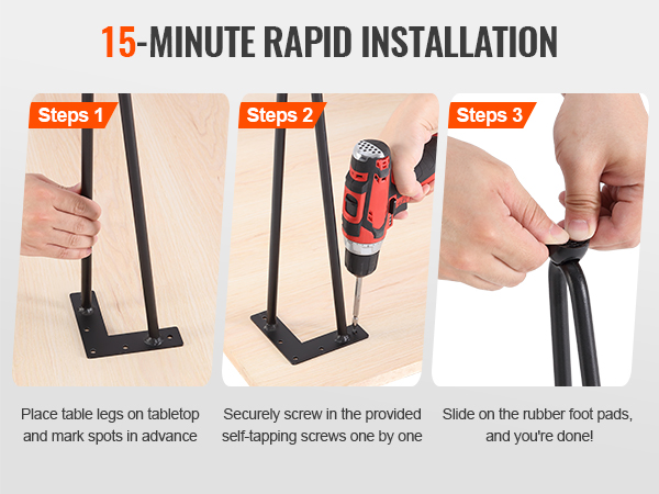 15-minute rapid installation guide for VEVOR hairpin table legs using screws and rubber foot pads.