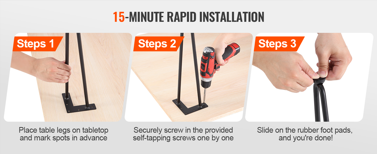 15-minute rapid installation guide for VEVOR hairpin table legs using screws and rubber foot pads.