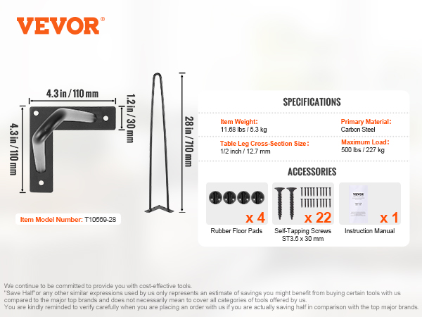 VEVOR 28" hairpin furniture legs with specs: carbon steel, 500 lbs load, 12.7 mm cross-section, and accessories.