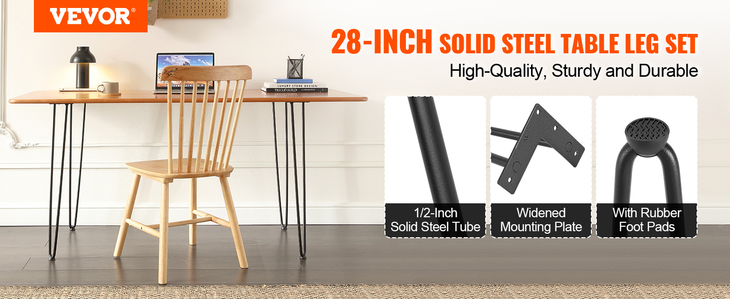 VEVOR 28" hairpin furniture legs solid steel table leg set for sturdy, durable, high-quality furniture.