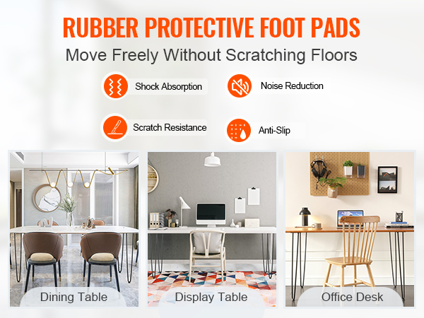 rubber foot pads for shock absorption and scratch resistance on VEVOR 28" hairpin furniture legs. dining table, display table