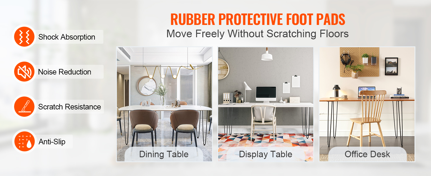 rubber foot pads for shock absorption and scratch resistance on VEVOR 28" hairpin furniture legs. dining table, display table