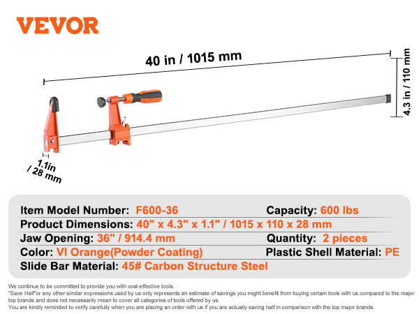 VEVOR bar clamps, model f600-36, 600 lbs capacity, 40" x 4.3" x 1.1" dimensions, 2 pieces.