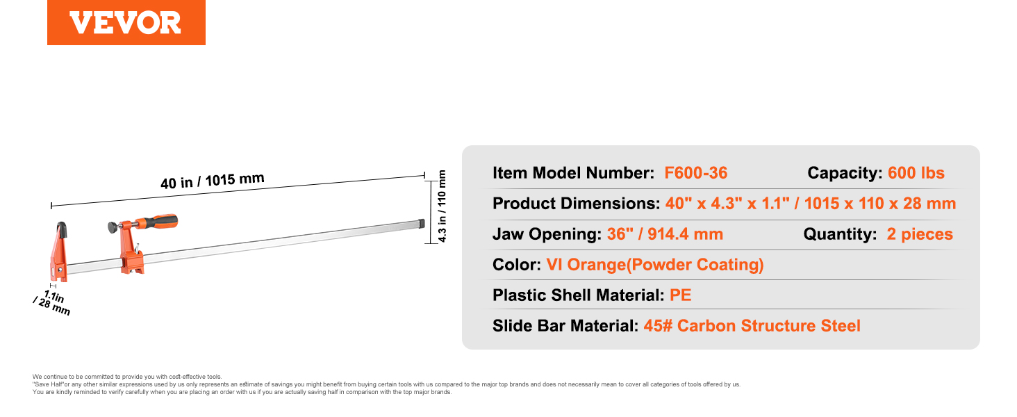 VEVOR bar clamps, model f600-36, 600 lbs capacity, 40" x 4.3" x 1.1" dimensions, 2 pieces.