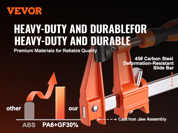 VEVOR bar clamps with cast iron jaw assembly and 45# carbon steel slide bar, durable and heavy-duty.