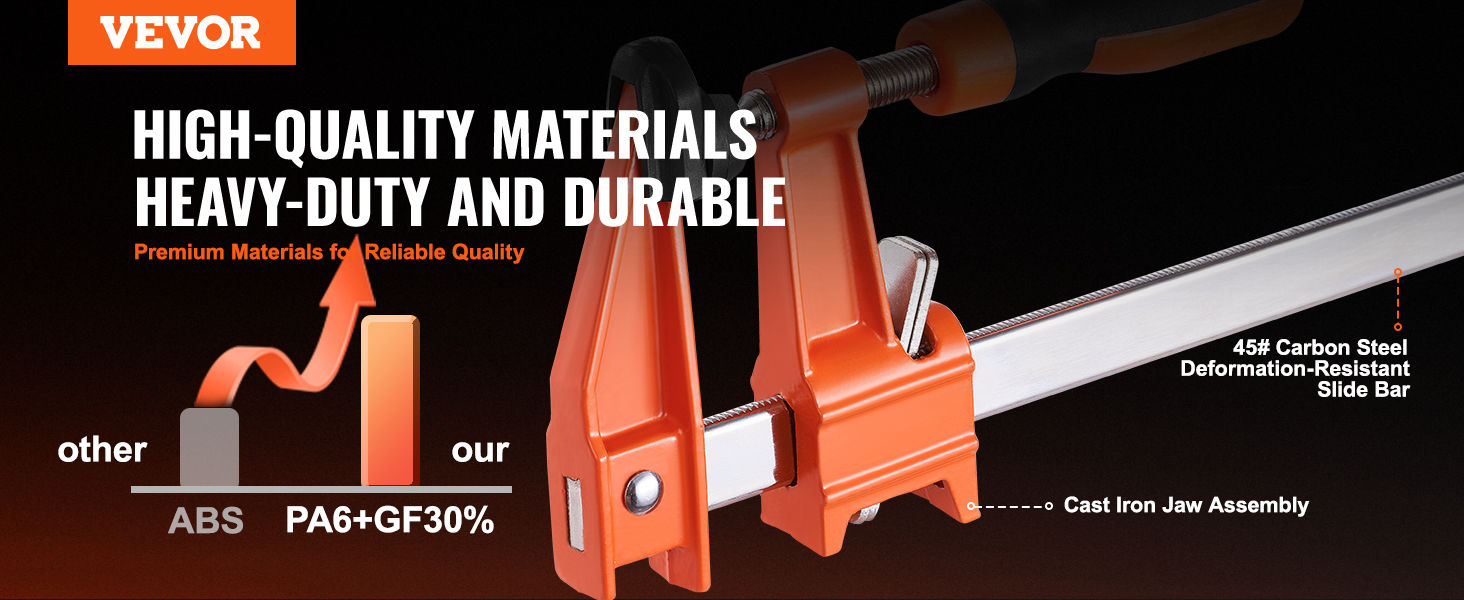 VEVOR bar clamps with cast iron jaw assembly and 45# carbon steel slide bar, durable and heavy-duty.