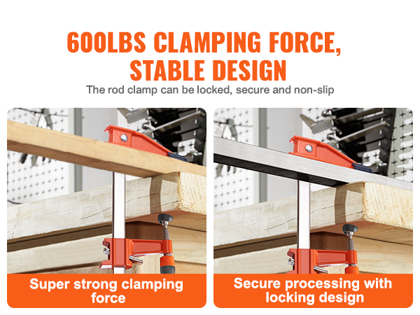 600lbs clamping force with VEVOR bar clamps, secure locking design for wood and steel projects.
