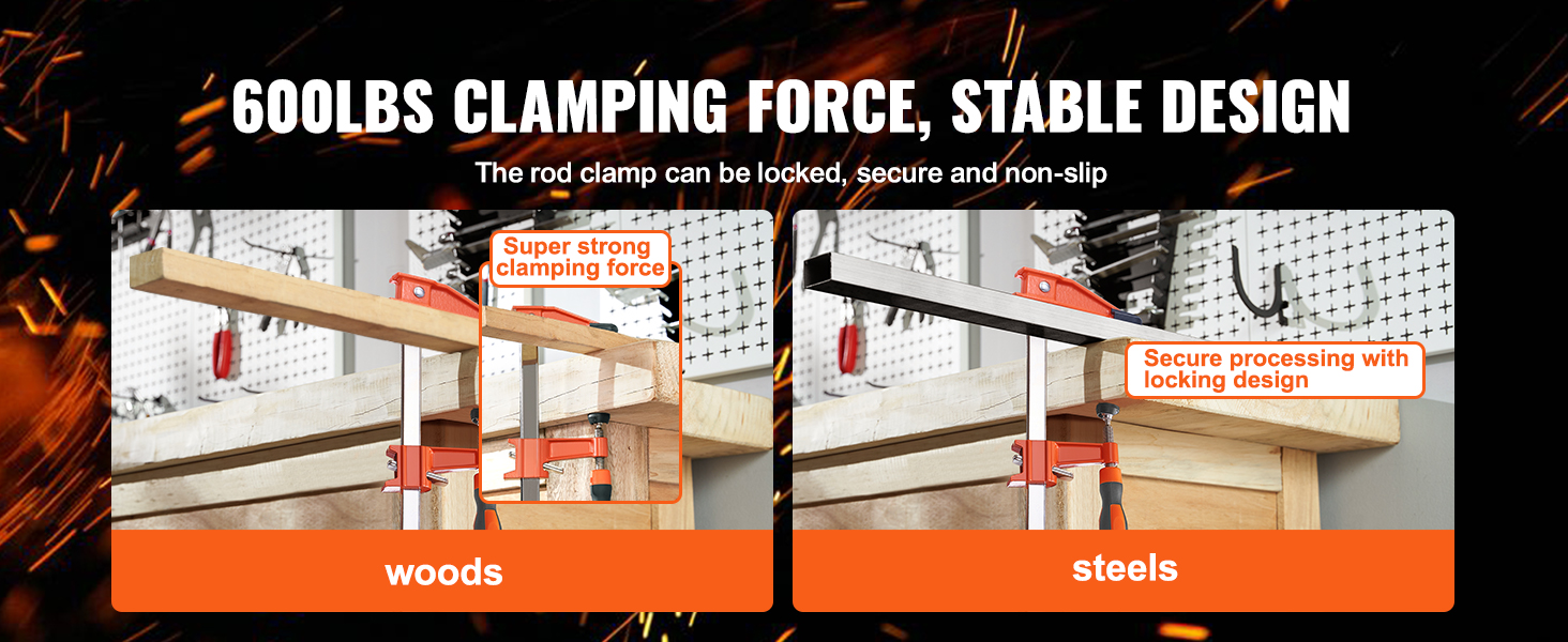600lbs clamping force with VEVOR bar clamps, secure locking design for wood and steel projects.