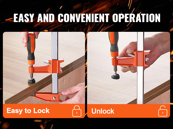 VEVOR bar clamps demonstrating easy lock and unlock operation on wooden surfaces.