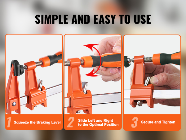 VEVOR bar clamps: easy to use, with steps to squeeze lever, slide to position, and secure and tighten.