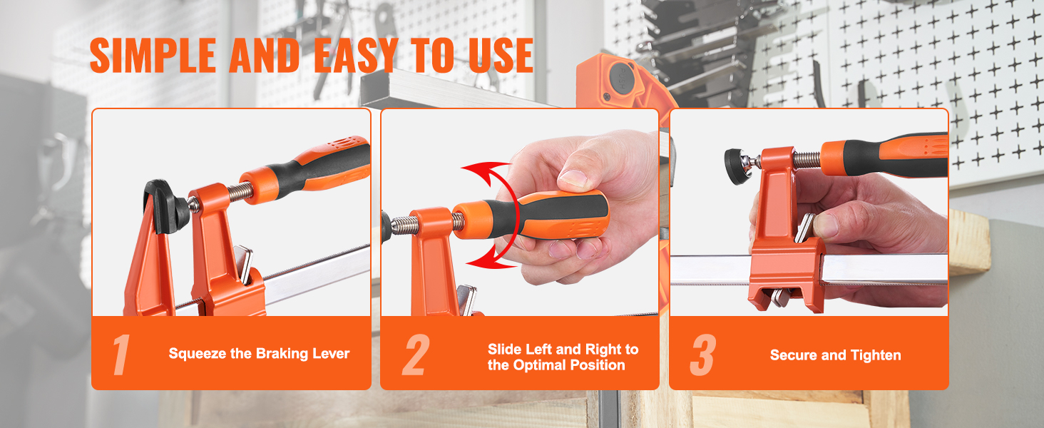 VEVOR bar clamps: easy to use, with steps to squeeze lever, slide to position, and secure and tighten.