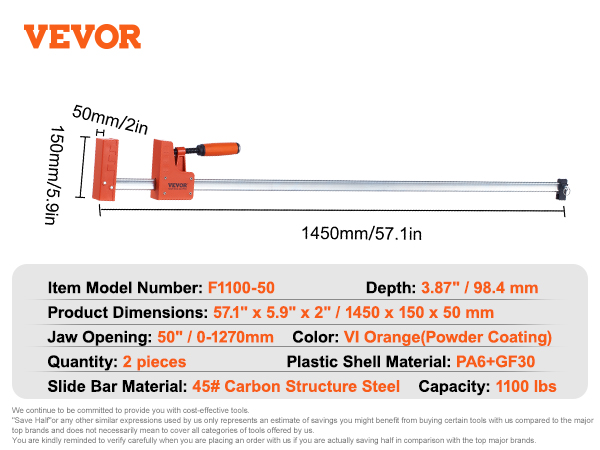 VEVOR woodworking clamps, model f1100-50, 1450mm length, jaw opening 1270mm, capacity 1100 lbs.