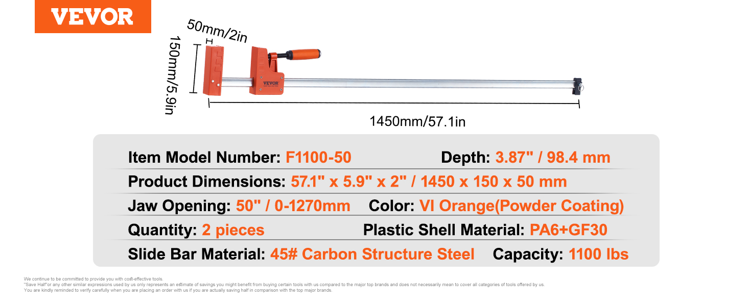 VEVOR woodworking clamps, model f1100-50, 1450mm length, jaw opening 1270mm, capacity 1100 lbs.