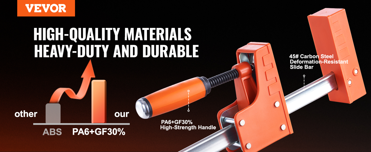 VEVOR woodworking clamps made with pa6+gf30% high-strength handles and 45# carbon steel slide bar.