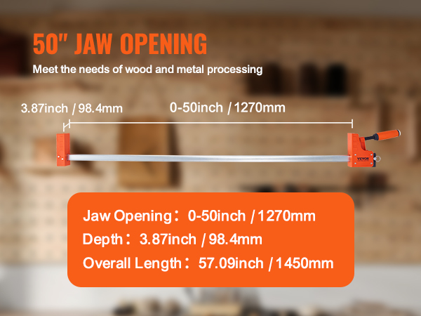 VEVOR woodworking clamps with 50" jaw opening for wood and metal processing, depth 3.87 inches.