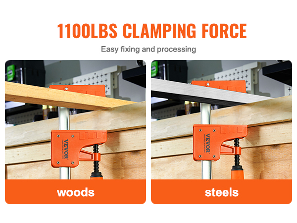 VEVOR woodworking clamps with 1100 lbs clamping force, securing wood and steel with tpu jaws.