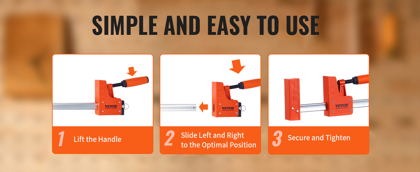 VEVOR woodworking clamps: simple and easy to use in 3 steps—lift handle, slide, secure and tighten.