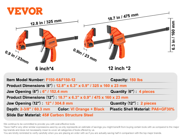 VEVOR woodworking bar clamps with 6" and 12" jaw openings, orange and black, set of 6 clamps.